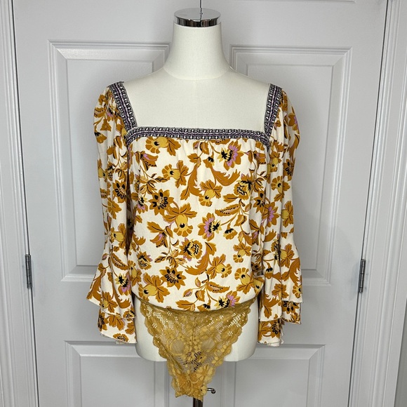 Free People Tops - Free People Intimately Gold Brown Floral Lace Square Neck Thong Bodysuit Size SP